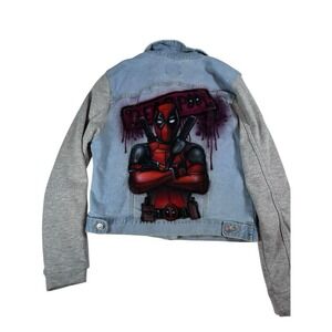 Deadpool Love Tree Denim Jean Jacket Button Front Light Wash YOUTH LARGE no hood